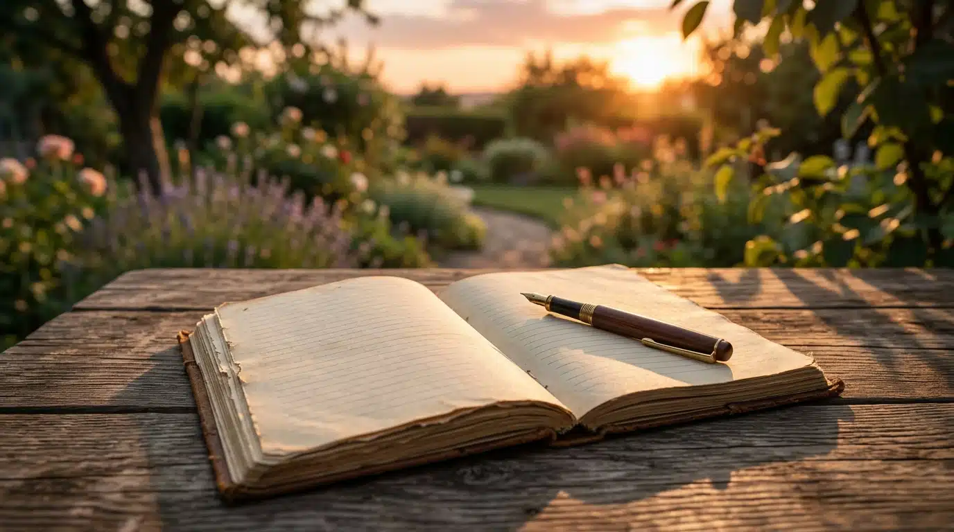 Carnet ouvert sur une table en bois au coucher du soleil