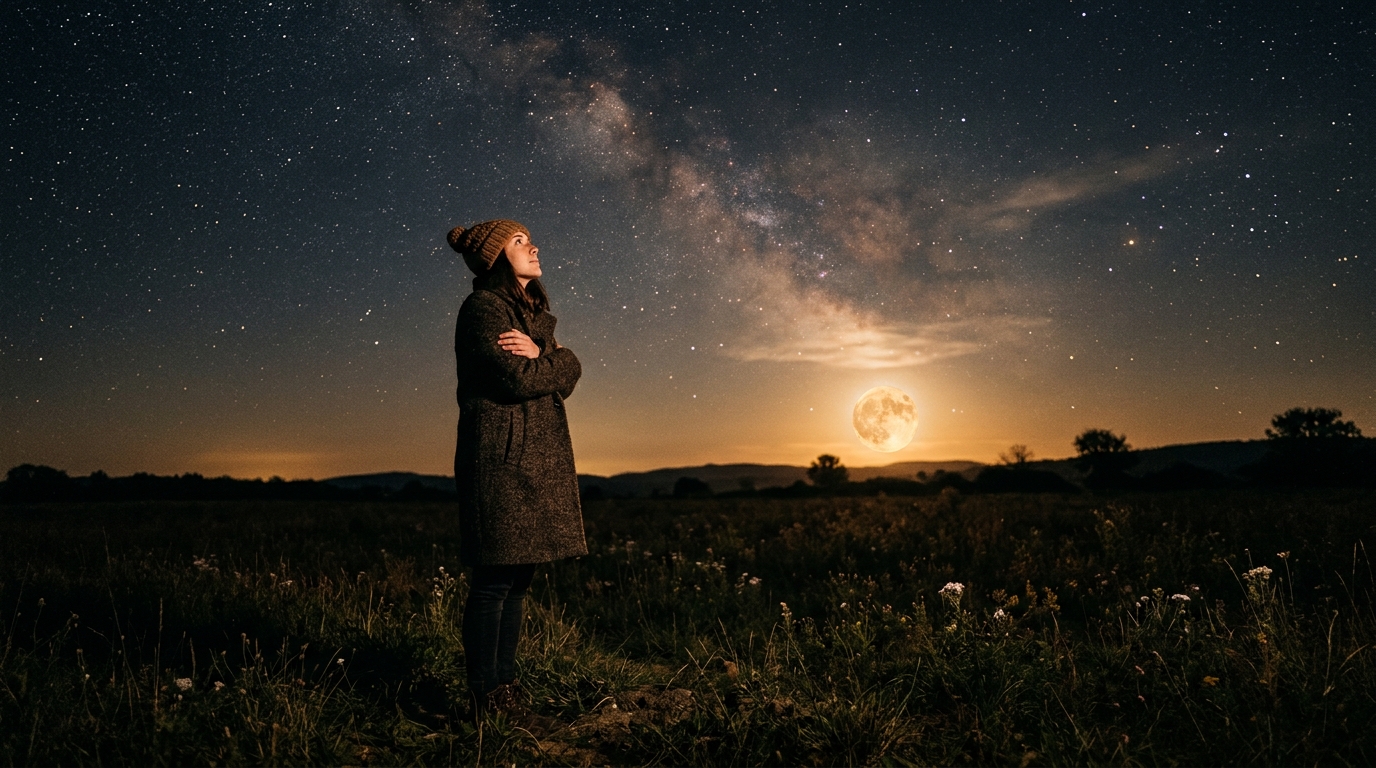 Femme regardant le ciel étoilé et la pleine Lune