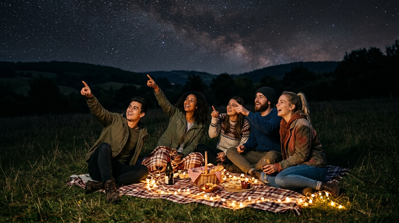 Amis observant ensemble la pluie d'étoiles filantes