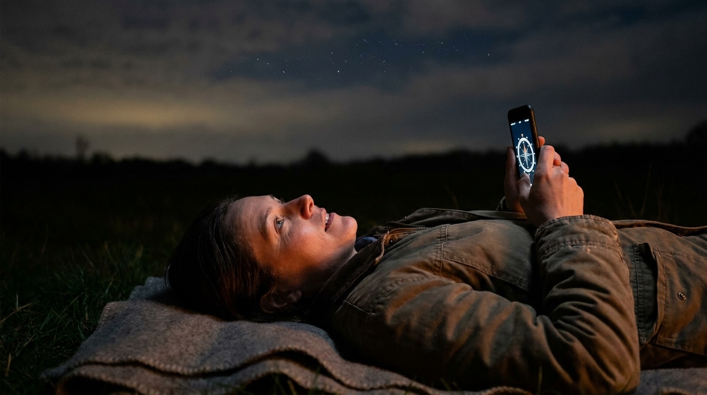 Personne allongée observant le ciel avec un téléphone
