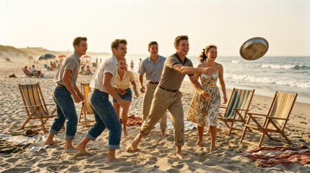 Étudiants américains lançant un moule à tarte sur une plage