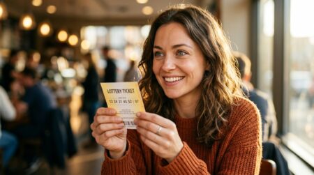 Personne souriante tenant un ticket de loto avec espoir