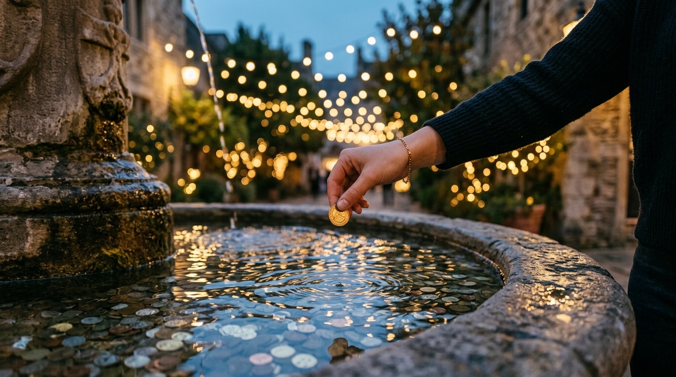 Pièce lancée dans une fontaine symbolisant la chance