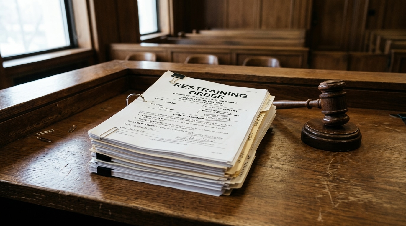 Documents juridiques et ordonnance restrictive sur un bureau en bois avec un marteau de juge