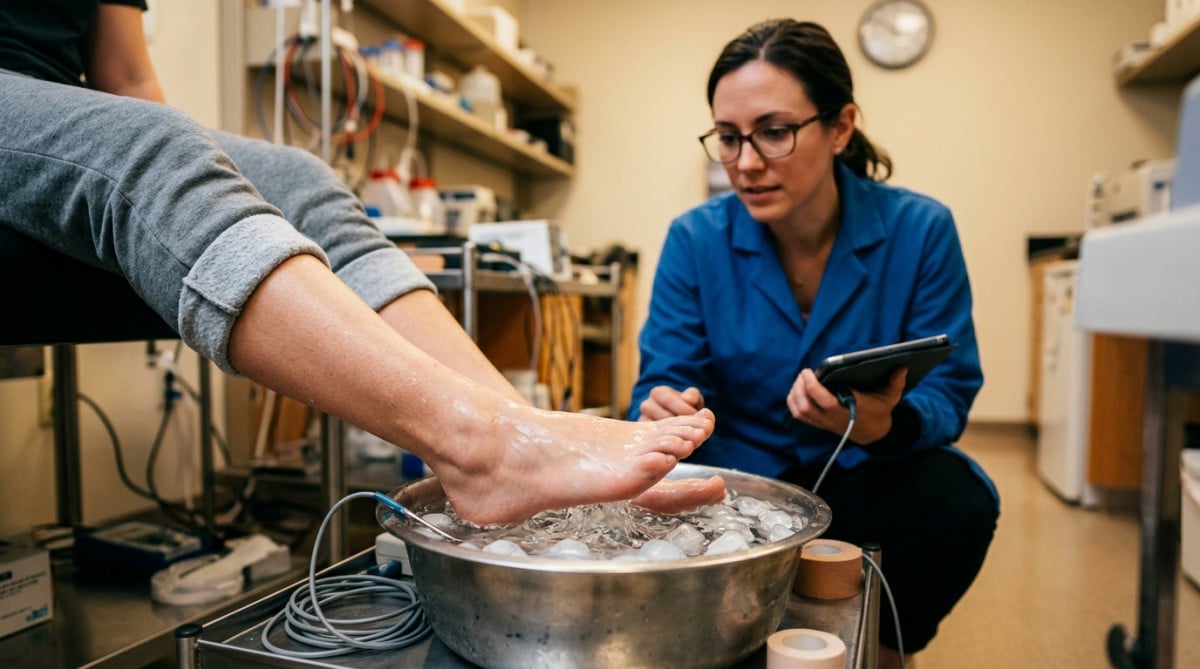 Expérience scientifique de pieds plongés dans l'eau froide
