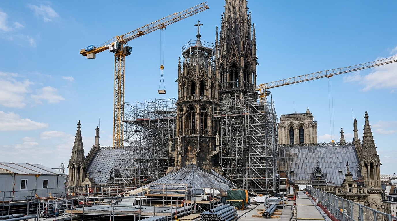 Flèche de cathédrale gothique en cours de reconstruction sous échafaudages métalliques