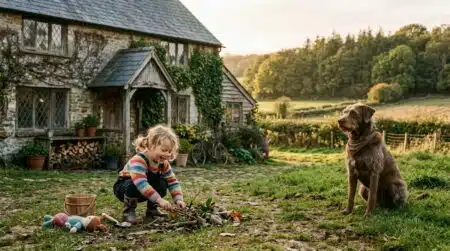 Enfant et chienne jouant près d'une maison rurale