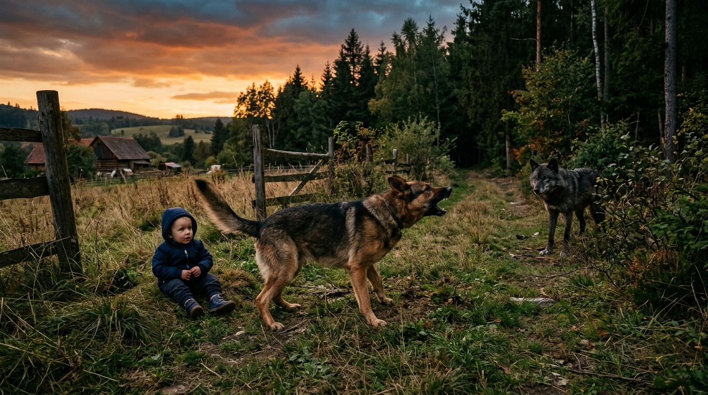 La chienne fait face au loup pour protéger l'enfant