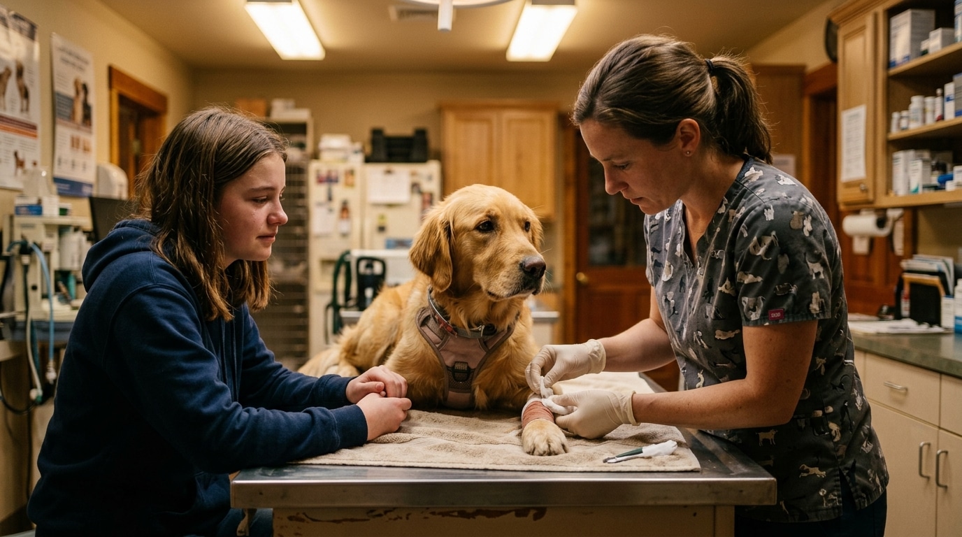 Vétérinaire soignant la chienne héroïne blessée