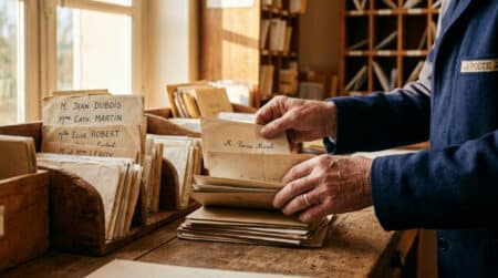 Facteur français trie des enveloppes dans la lumière dorée