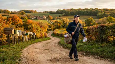 Facteur marchant sur un chemin rural avec sac postal