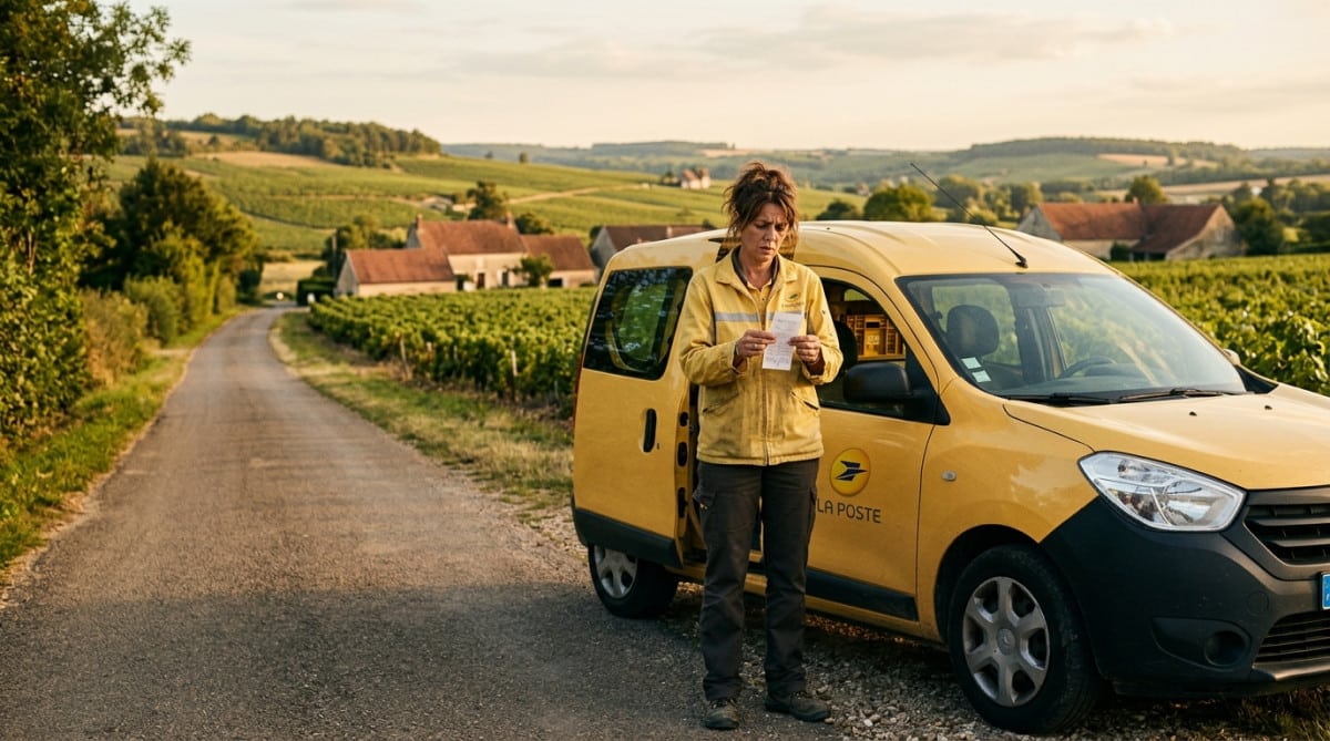 Factrice inquiète devant sa voiture et son ticket d'essence