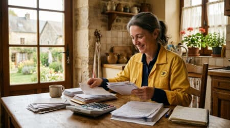 Factrice souriante calcule son budget à la maison