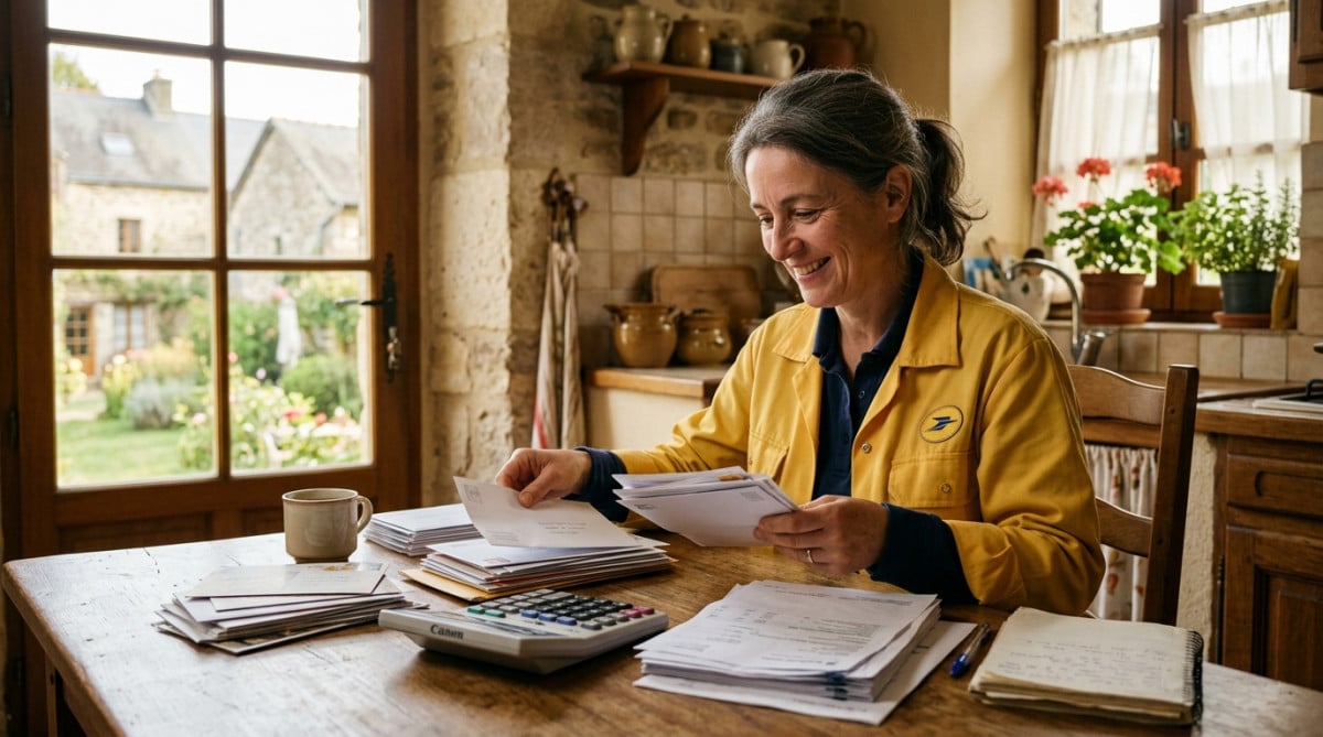 Factrice souriante calcule son budget à la maison