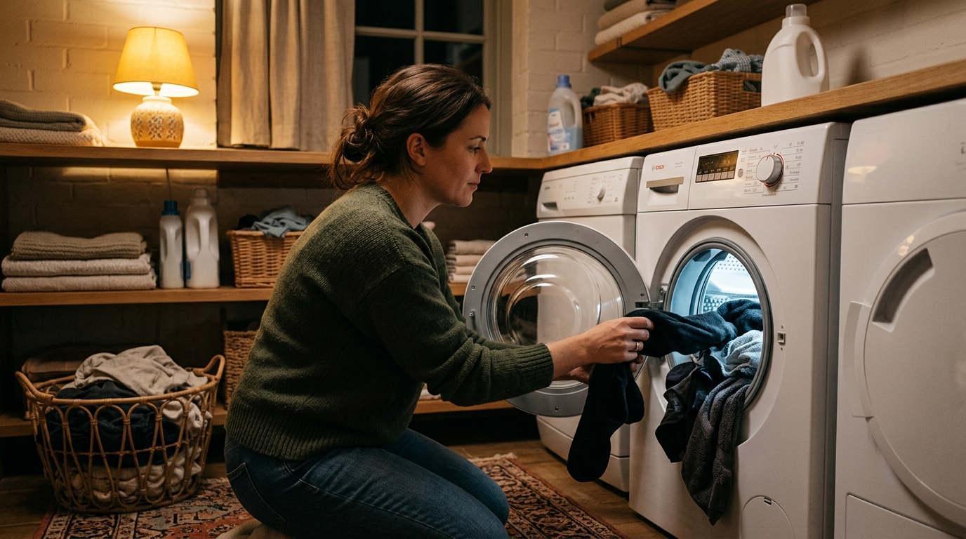 Femme utilisant le lave-linge en heures creuses le soir