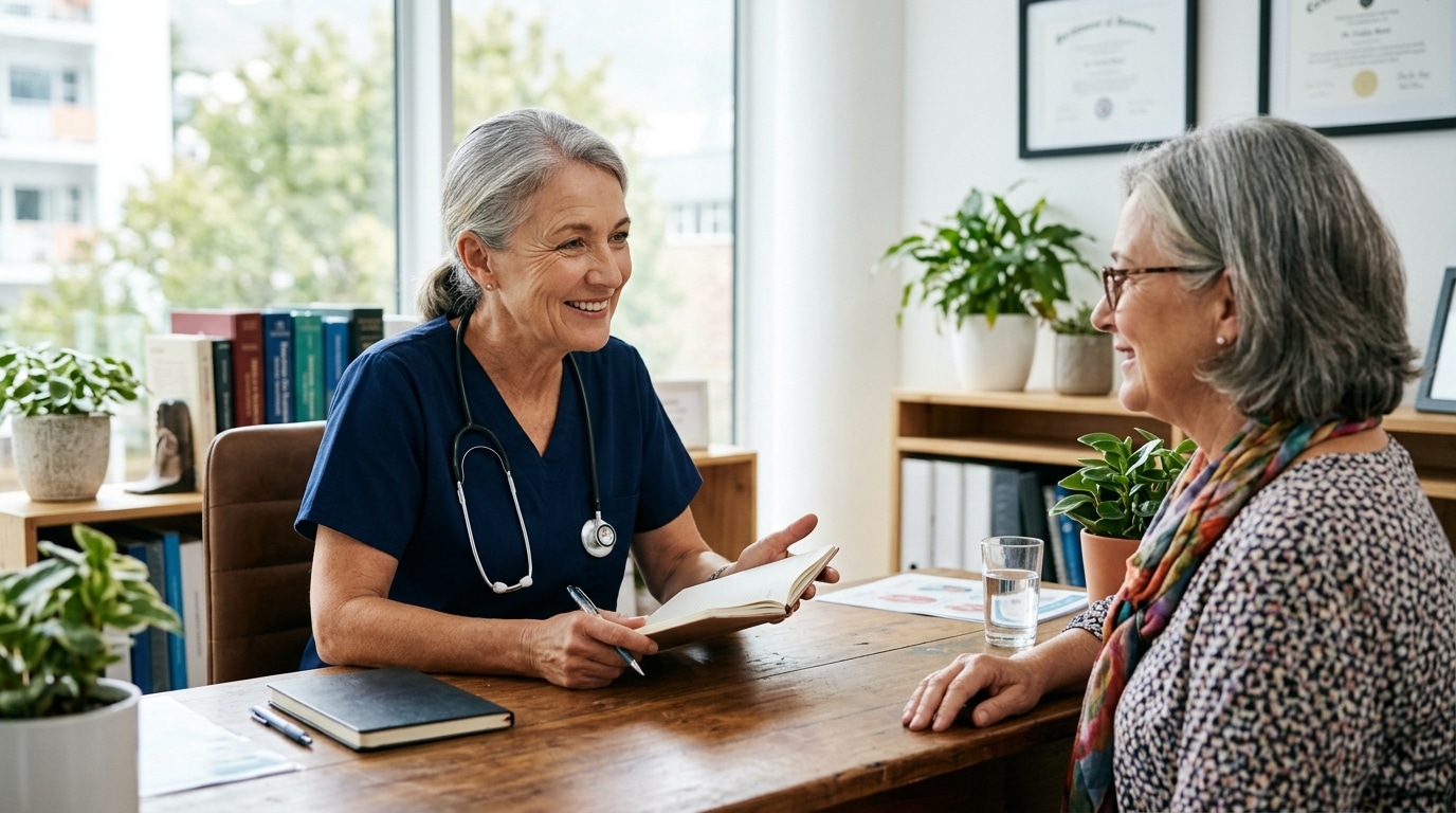 Gynécologue en consultation avec une patiente souriante