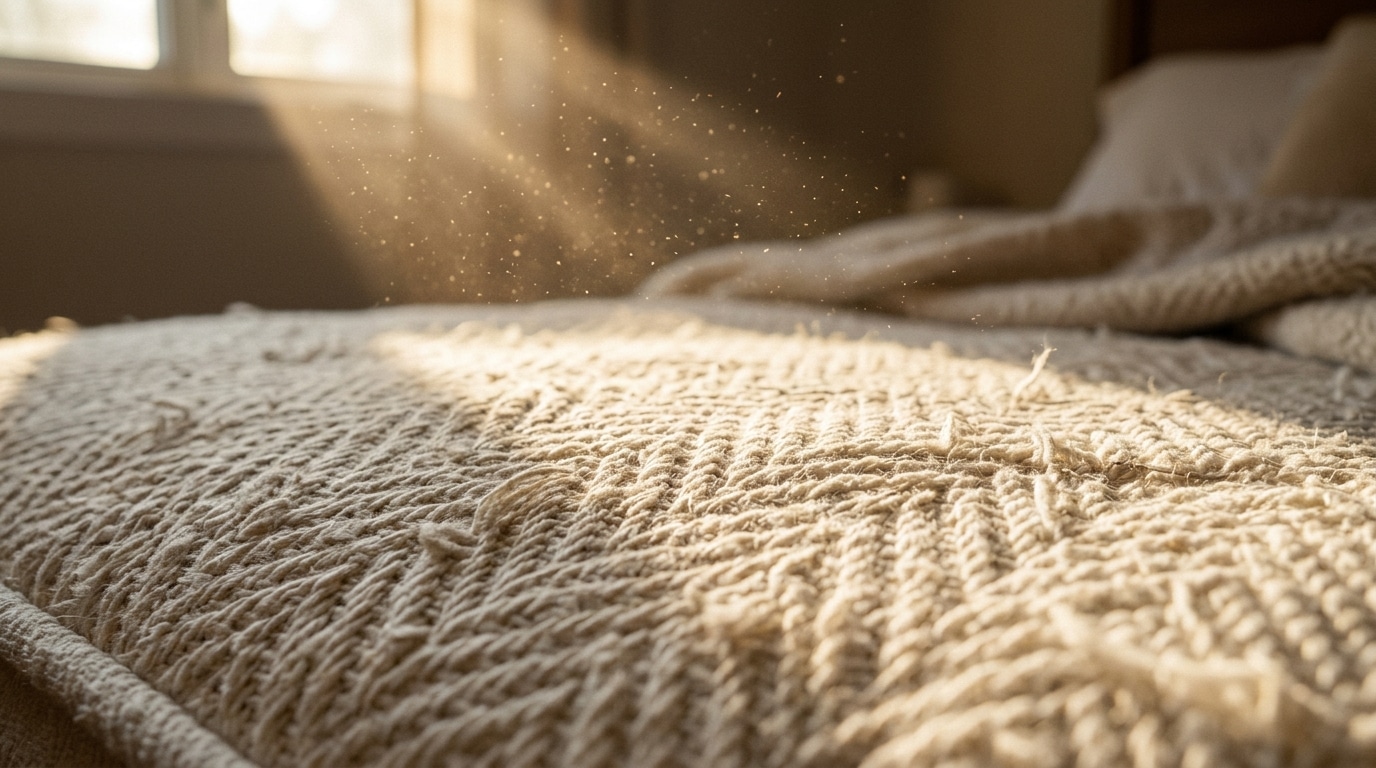 Gros plan sur texture de matelas avec poussière en suspension