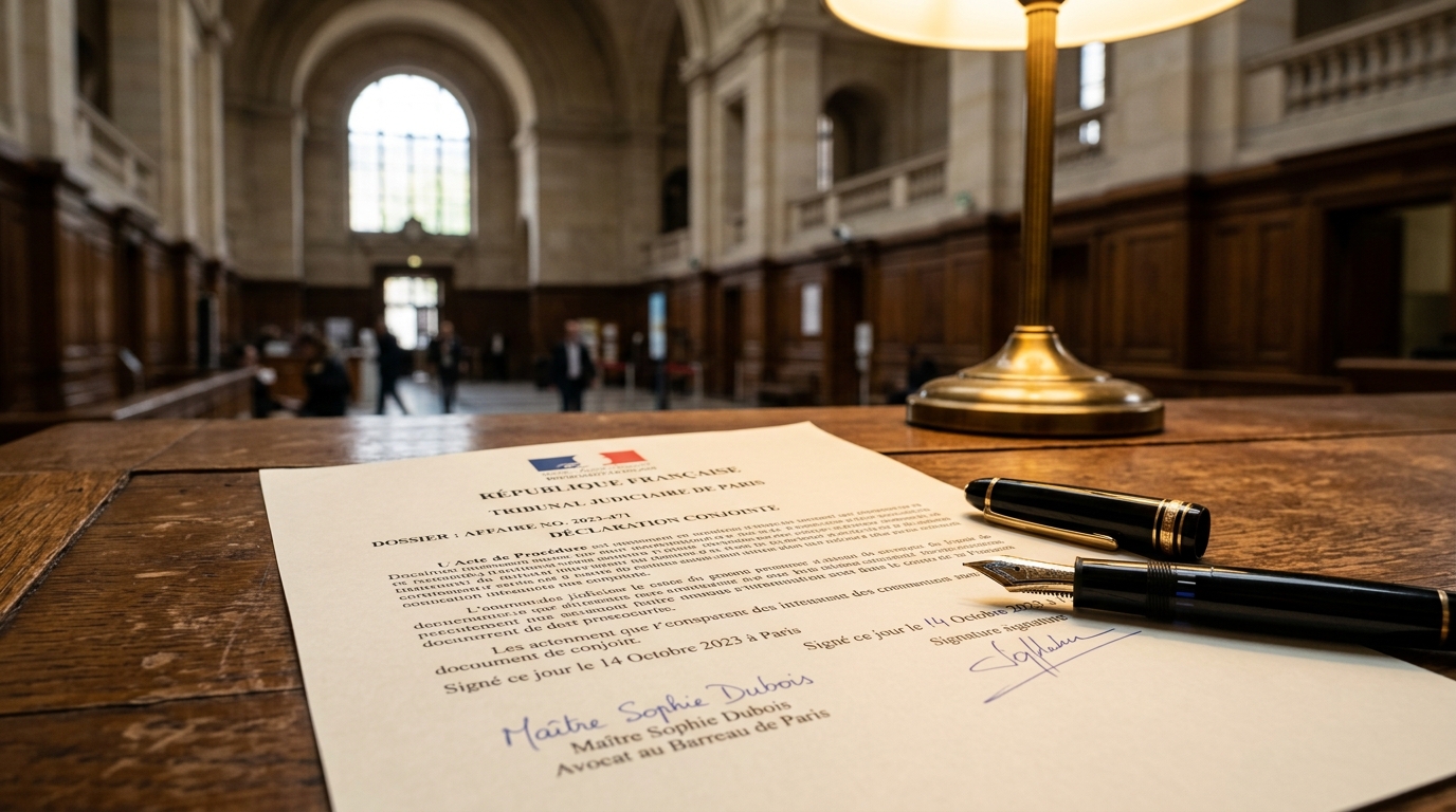 Document juridique et plainte déposée sur un bureau, ambiance tribunal français