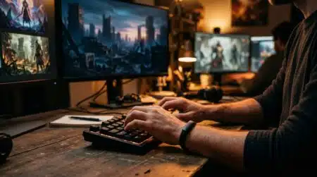 Développeur de jeux vidéo travaillant sur plusieurs écrans
