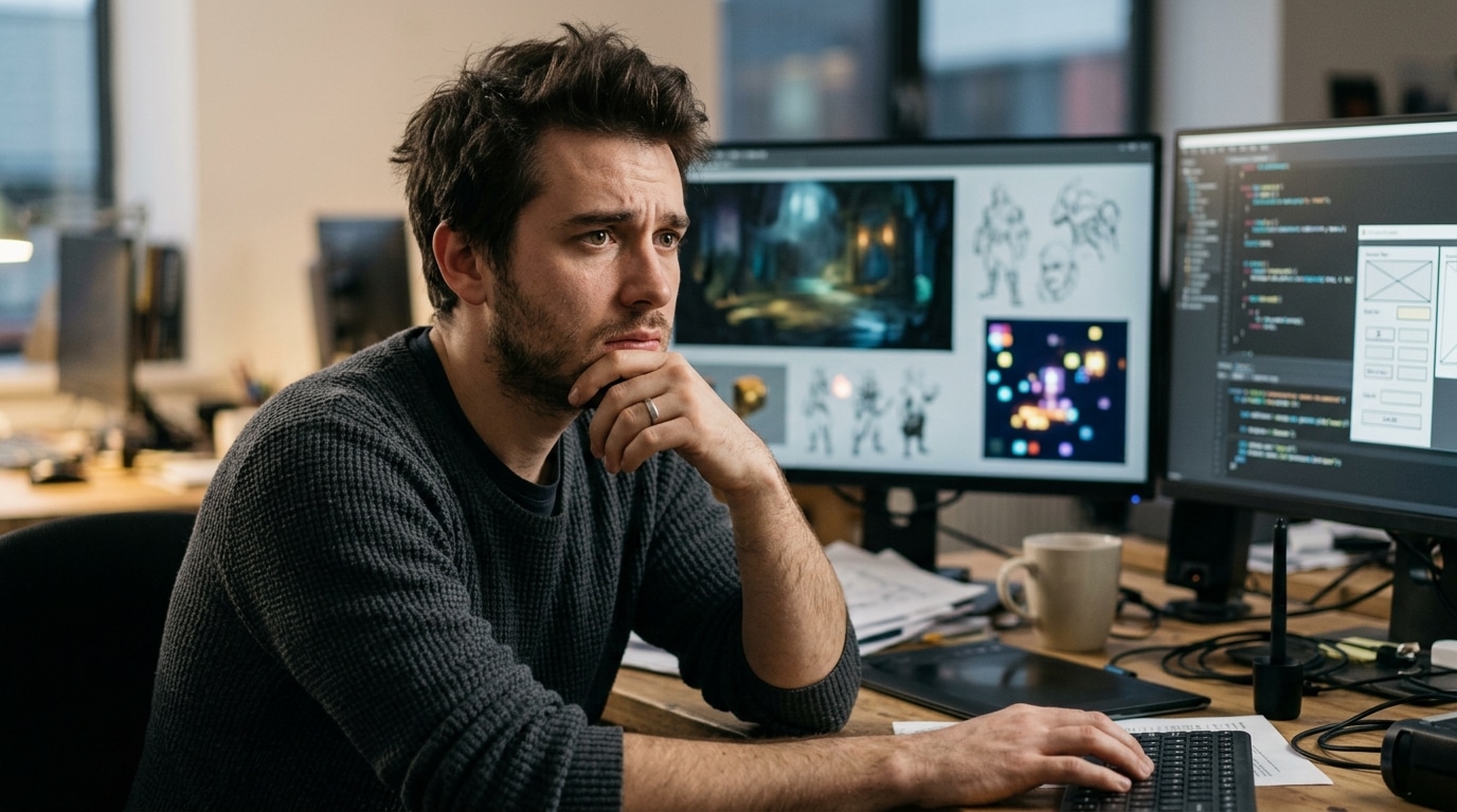 Jeune designer de jeux vidéo au visage inquiet et pensif
