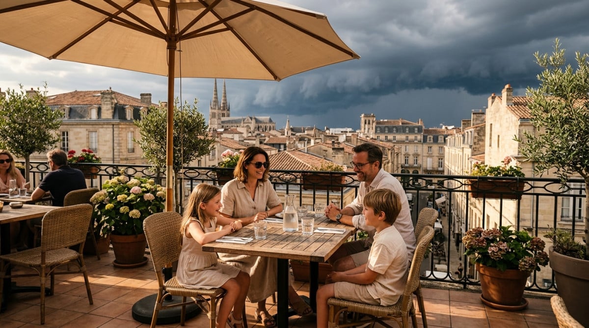 Famille à l'ombre pendant la canicule à Bordeaux