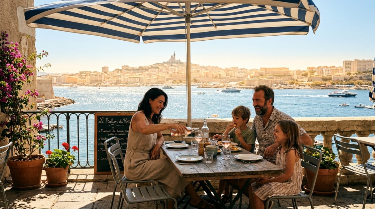 Famille à l'ombre sur une terrasse à Marseille
