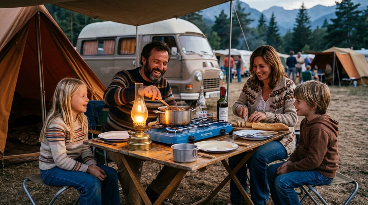 Famille autour du réchaud à gaz en camping vintage