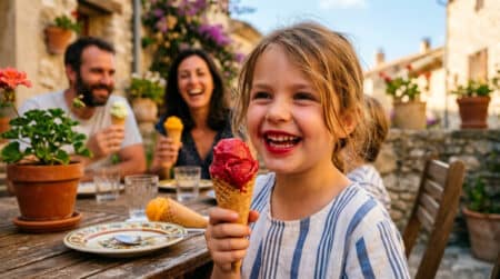 Famille dégustant des sorbets aux fruits rouges en été