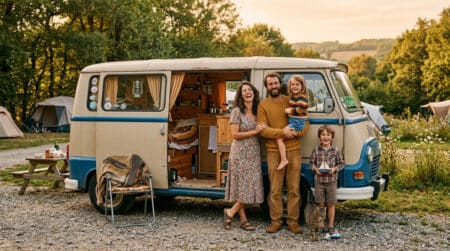 Famille des années 70 devant un camping-car bricolé artisanal
