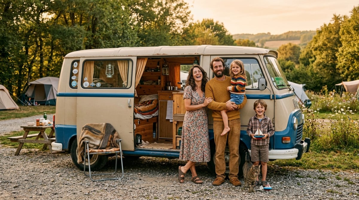 Famille des années 70 devant un camping-car bricolé artisanal