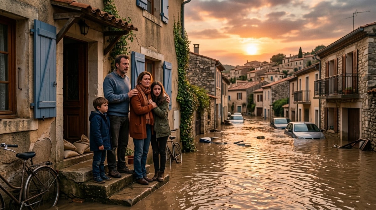 Famille française face à une rue inondée près de chez elle