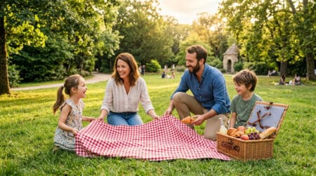 Famille installant un pique-nique estival ensoleillé