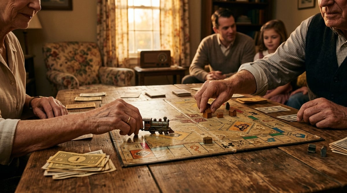 Famille jouant à un jeu de société vintage autour d'une table