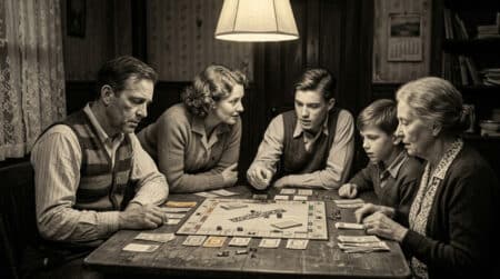 Famille jouant à un jeu de société vintage dans les années 1930