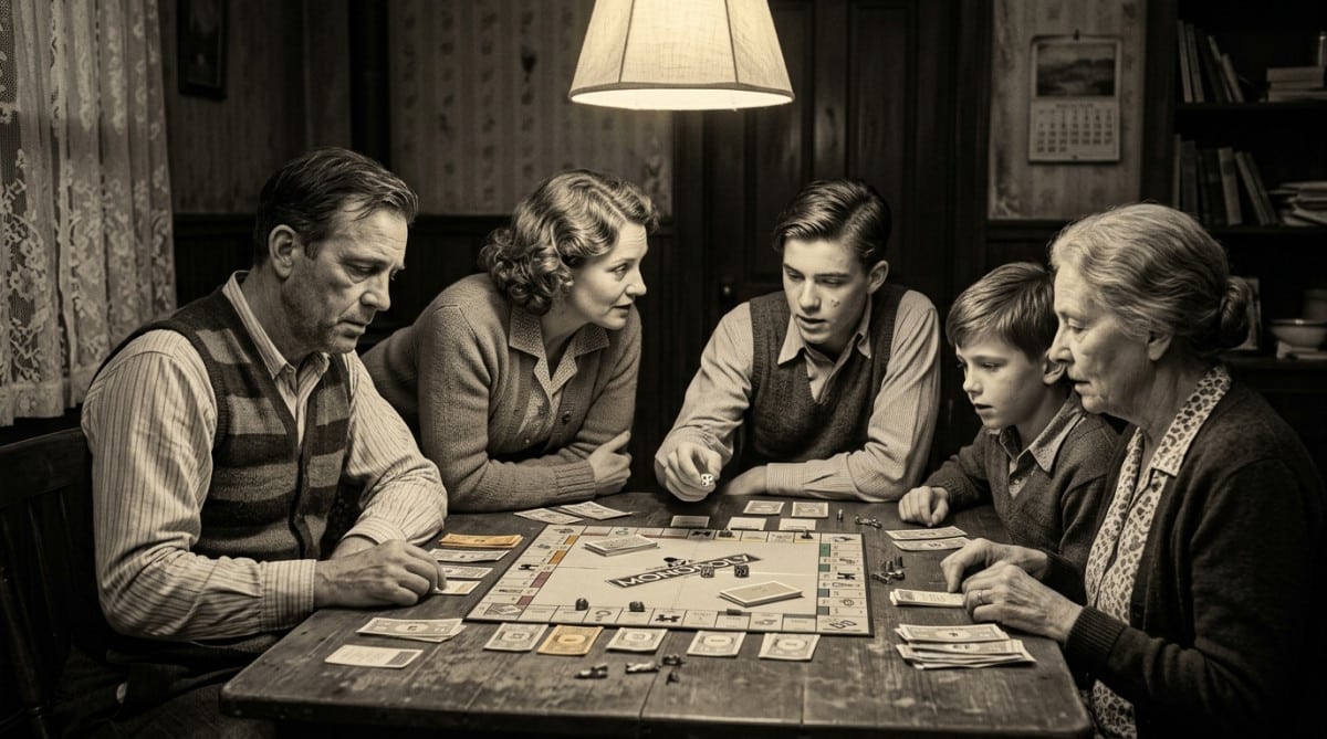 Famille jouant à un jeu de société vintage dans les années 1930