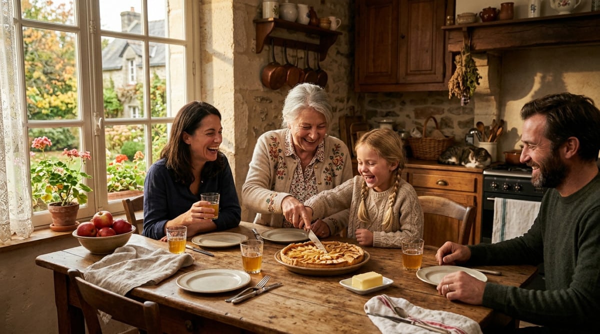 Famille partageant une tarte aux pommes traditionnelle