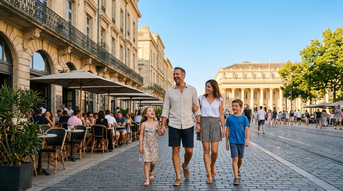 Famille profitant du soleil samedi à Bordeaux