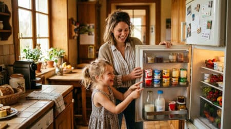 Famille souriante devant un frigo rempli de desserts lactés