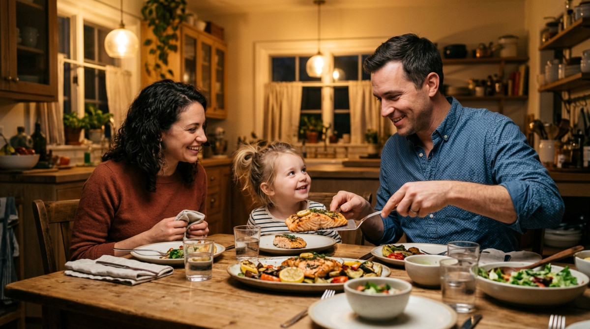 Famille souriante partageant un repas de saumon