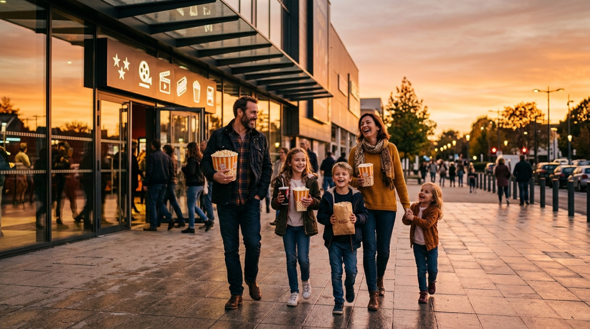 Famille souriante sortant d'un cinéma en périphérie