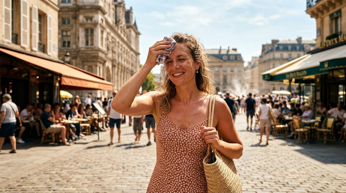 Femme à l'ombre pendant une forte chaleur en ville