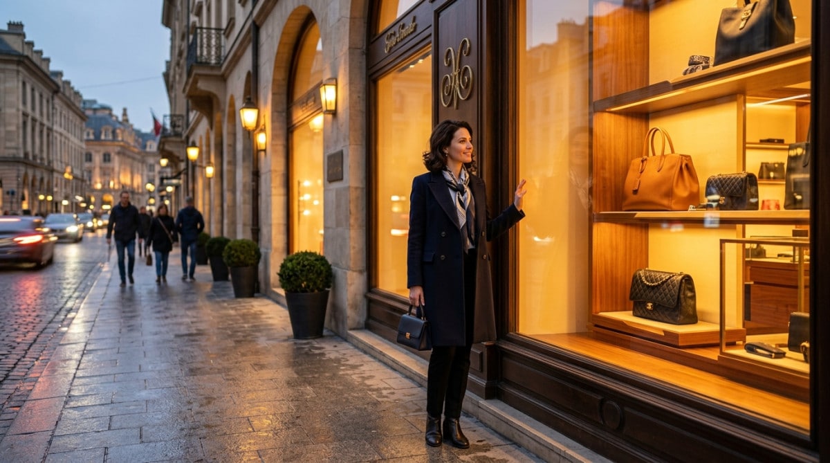 Femme admirant une vitrine de boutique de luxe