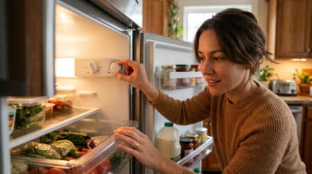 Femme ajustant le thermostat à l'intérieur du frigo