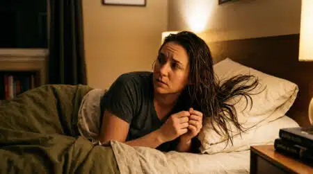 Femme allongée dans son lit avec les cheveux mouillés
