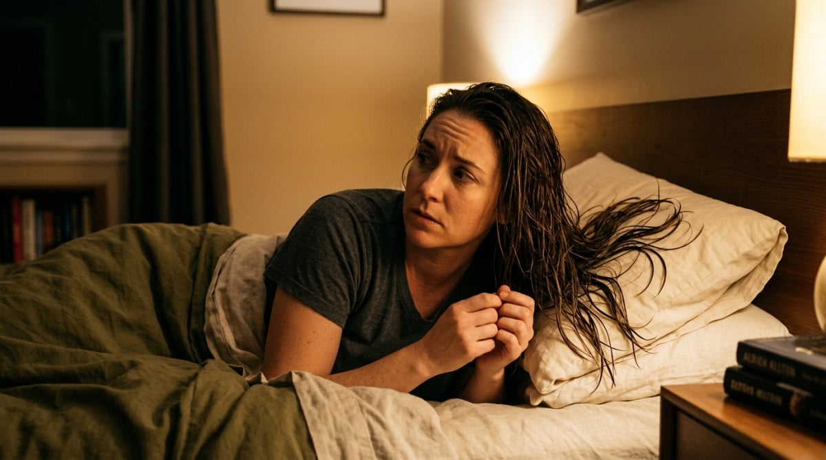 Femme allongée dans son lit avec les cheveux mouillés