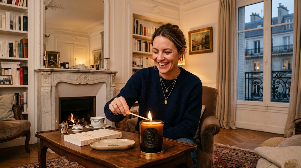 Femme allumant une bougie parfumée haut de gamme chez elle