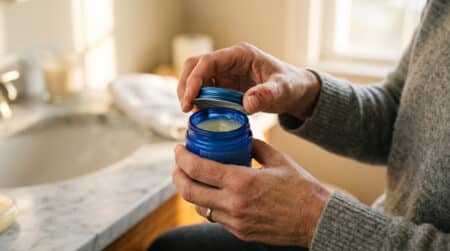 Femme appliquant de la vaseline sur ses mains sèches