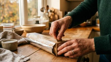 Femme appuie sur les languettes de la boîte de papier alu