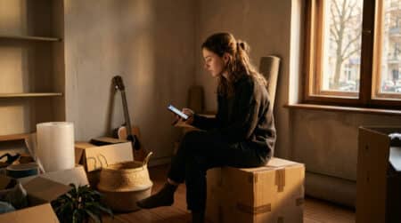 Femme assise sur un carton dans un appartement vide