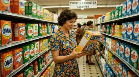 Femme avec une boîte de lessive vintage années 70